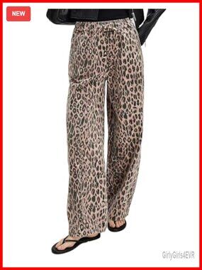 Women's Leopard Print Barrel Jeans Mid Rise Baggy Denim Pants